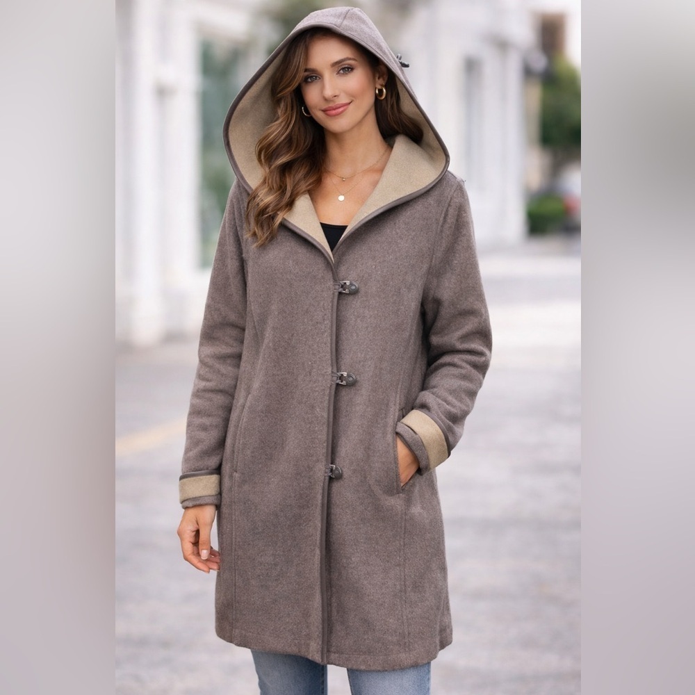Anne Weyburn Wool Blend Taupe Hooded Coat with White Collar